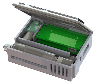 The green circuit board inside the device controls the blood pump, heparin injector and display data.